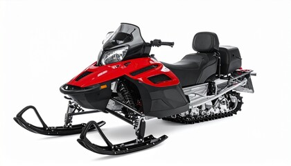 Red and black snowmobile with windshield dual skis rear track and storage compartment parked in snowy terrain for editorial winter recreation outdoor mobility and adventure-themed visuals