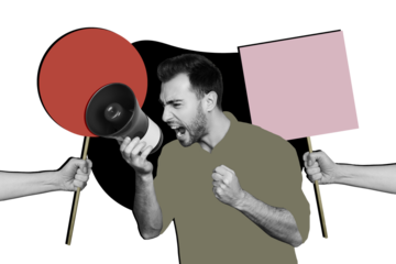 Composite trend sketch photo collage of hand hold placard picket vote banner empty space politics protest man leader talk megaphone power