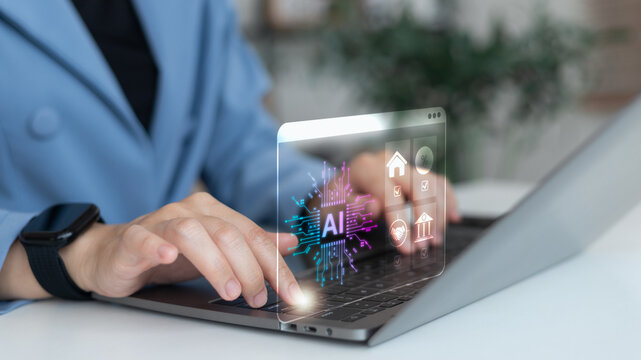 Artificial intelligence technology for business finance and digital banking innovation, futuristic AI interface with finance icons representing smart investment, fintech, and corporate growth.