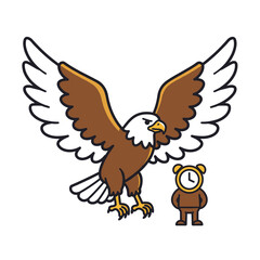 Fototapeta premium Cartoon bald eagle flying with clock