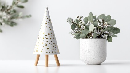 A decorative, cone-shaped Christmas tree ornament, featuring a white background with gold polka dots, sits beside a potted arrangement of soft gray-green eucalyptus branches and small white blossoms