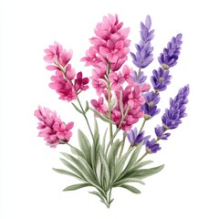 Obraz premium Watercolor botanical illustration of pink flowers and purple lavender sprigs on a white background
