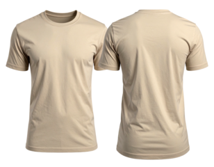 A front and back view of a blank, beige, short-sleeved crew neck shirt