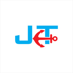 Minimal marine monogram logo with red anchor integrated into jt letters