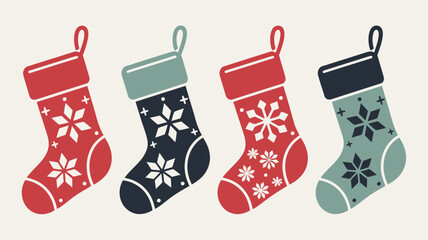 Four christmas stockings with snowflake patterns in red blue and green on a white background