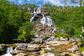 Tvindefossen is a breath-taking waterfall which has a drop of 110 metres with multiple elegant levels and is a very popular tourist attraction. Myths even say that the water is a fountain of youth. Th