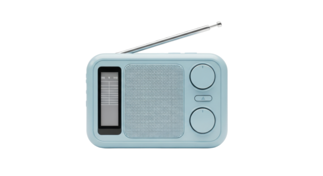 Isolated light blue retro portable radio device receiver on a solid surface for broadcast use