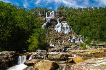 Tvindefossen is a breath-taking waterfall which has a drop of 110 metres with multiple elegant levels and is a very popular tourist attraction. Myths even say that the water is a fountain of youth. Th