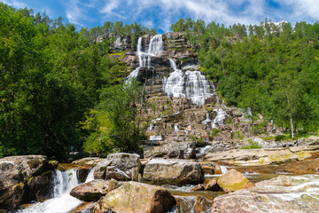 Tvindefossen is a breath-taking waterfall which has a drop of 110 metres with multiple elegant levels and is a very popular tourist attraction. Myths even say that the water is a fountain of youth. Th