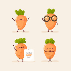 World carrot day. Set of funny carrots