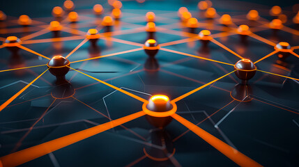 Abstract glowing orange network connections with spherical nodes and lines creating a digital futuristic technological web structure
