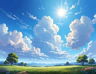 Serene landscape of sunlit meadow, puffy clouds, and distant mountains