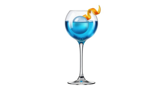 Isolated cocktail with ice ball and orange twist on a stem glass against a clean backdrop