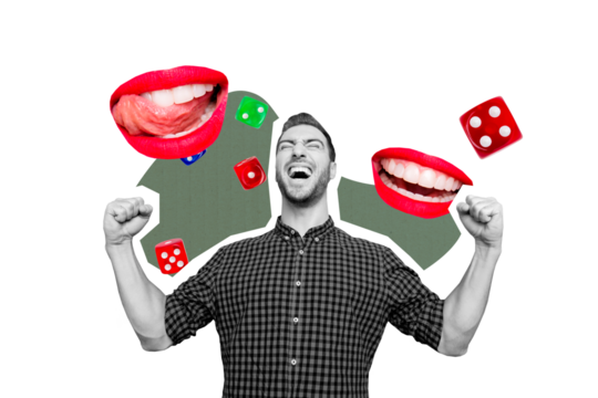 Composite trend artwork 3D sketch image photo collage of silhouette young guy celebrate win rich success casino gambling dice cube mouth