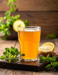 Refreshing citrus beverage in a tall glass, garnished with lemon and mint, sits on a wooden board