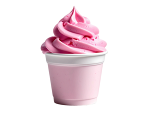 A swirl of pink dessert overflowing from a clear, disposable cup