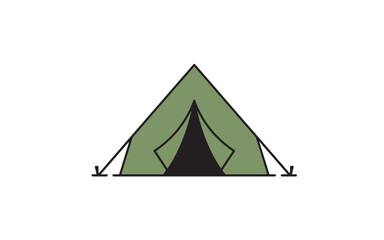 A simple illustration of a green A-frame tent with a dark opening and support ropes, set against a plain background.