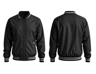 Front & back views of a black, button-up jacket with white striped trim