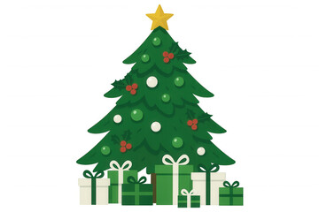 Naklejka premium Christmas tree decorating with ornaments and holly, surrounded by holiday gift boxes, celebrating winter season
