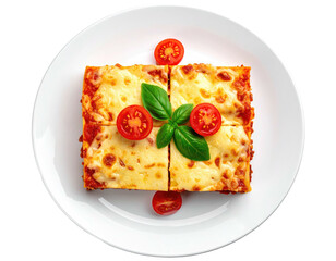 Square lasagna piece on white plate, garnished with tomatoes and basil