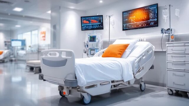Modern Hospital Room: A pristine, state-of-the-art hospital room, showcasing an empty bed, monitors displaying medical data, and essential medical equipment.