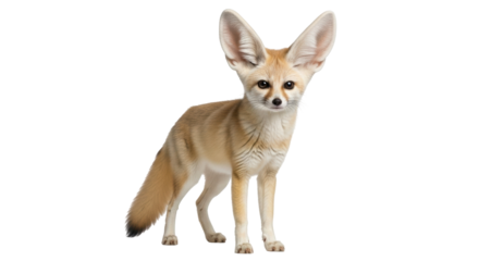 Isolated Fennec Fox standing with alert expression, sandy fur and very big ears in studio