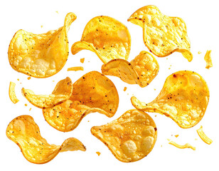 Golden, seasoned potato chips scattered across a transparent background