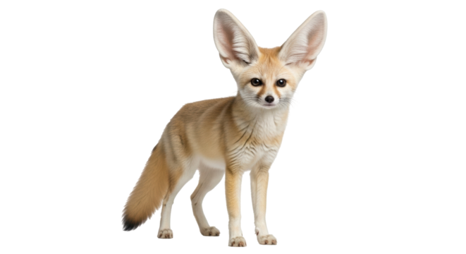 Isolated Fennec Fox standing with alert expression, sandy fur and very big ears in studio