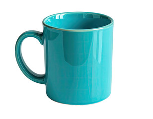 A teal ceramic mug with a handle against a black background