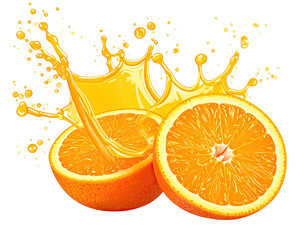 Two halved oranges with juice bursting upwards on a black background