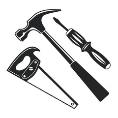 Black Silhouette of a Hammer, Saw, and Screwdriver on a White Background tool hand tool