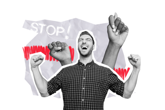 Composite creative art collage of angry man scream strike rebellion hands fig fist gestures propaganda stop isolated on painted background