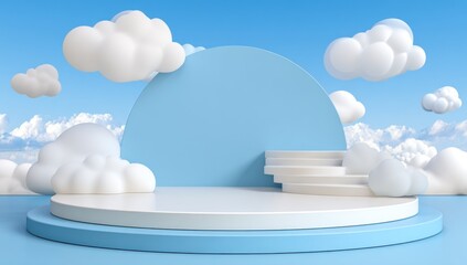 A light blue and white 3D display podium, featuring whimsical clouds against a vibrant blue sky, creates a cheerful and inviting presentation space.