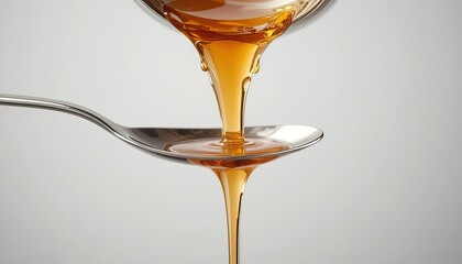 Flowing liquid cascading from one spoon to another, showcasing smooth texture with vibrant golden hues.