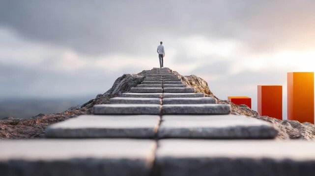 Climbing Towards Success: A solitary figure ascends a monumental stone staircase under a dramatic sky, symbolizing ambition, progress, and the journey toward achievement.