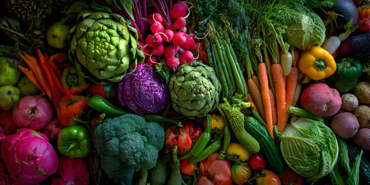 A vibrant and colorful assortment of fresh, healthy vegetables arranged artfully, showcasing a rich variety of produce - Powered by Adobe