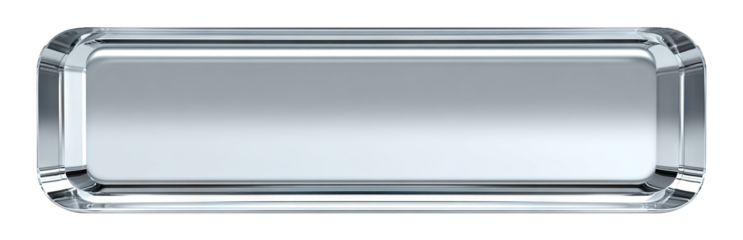 Transparent rectangular glass nameplate with rounded corners, isolated on transparent cutout background