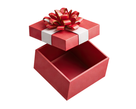Open red gift box with ribbon and bow, isolated on transparent cutout background