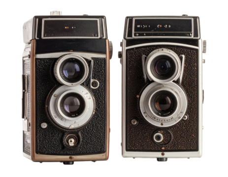 Two classic twin-lens reflex cameras are viewed front-on, showing their lenses