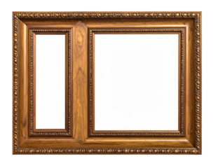 Ornate, golden double-framed display with blank openings against a stark black