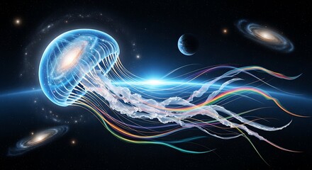 A cosmic jellyfish with a galaxy inside trails of light and distant galaxies