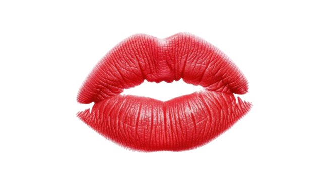 Isolated red lipstick kiss print with realistic texture conveying glamour and passion