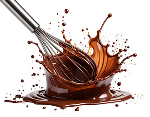 A whisk stirs rich chocolate, creating a splash against a black background