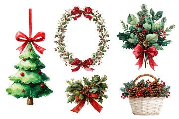 Watercolor Christmas clipart set. Christmas tree, decor, wreath with red bow, bouquet of Christmas tree branches and basket with cones. Vintage Christmas elements.