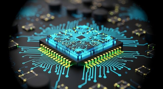 A close-up, high-detail illustration of a glowing blue and green central processing unit (CPU) chip with intricate circuitry and connections.