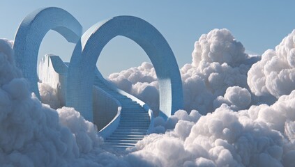 A light blue, intricately designed stairway ascends through a field of fluffy white clouds against a clear blue sky.