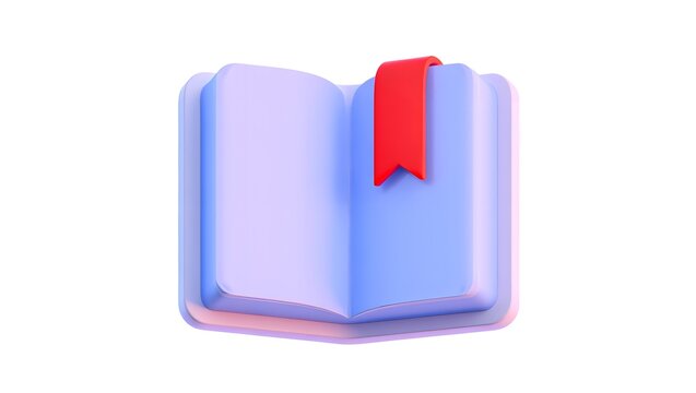 Open blue book with red bookmark isolated on white background