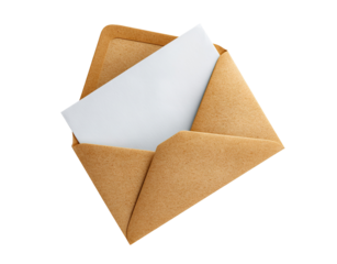 Open kraft envelope with blank paper, isolated on transparent cutout background