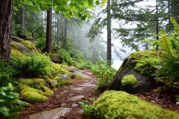 Fototapeta premium Serene Forest Pathway Surrounded by Lush Greenery and Misty Atmosphere Perfect for Nature Lovers and Outdoor Enthusiasts Seeking Tranquility and Beauty