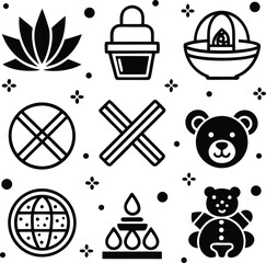 Collection of diverse icons featuring a lotus flower teddy bear globe and religious symbols for versatile design applications